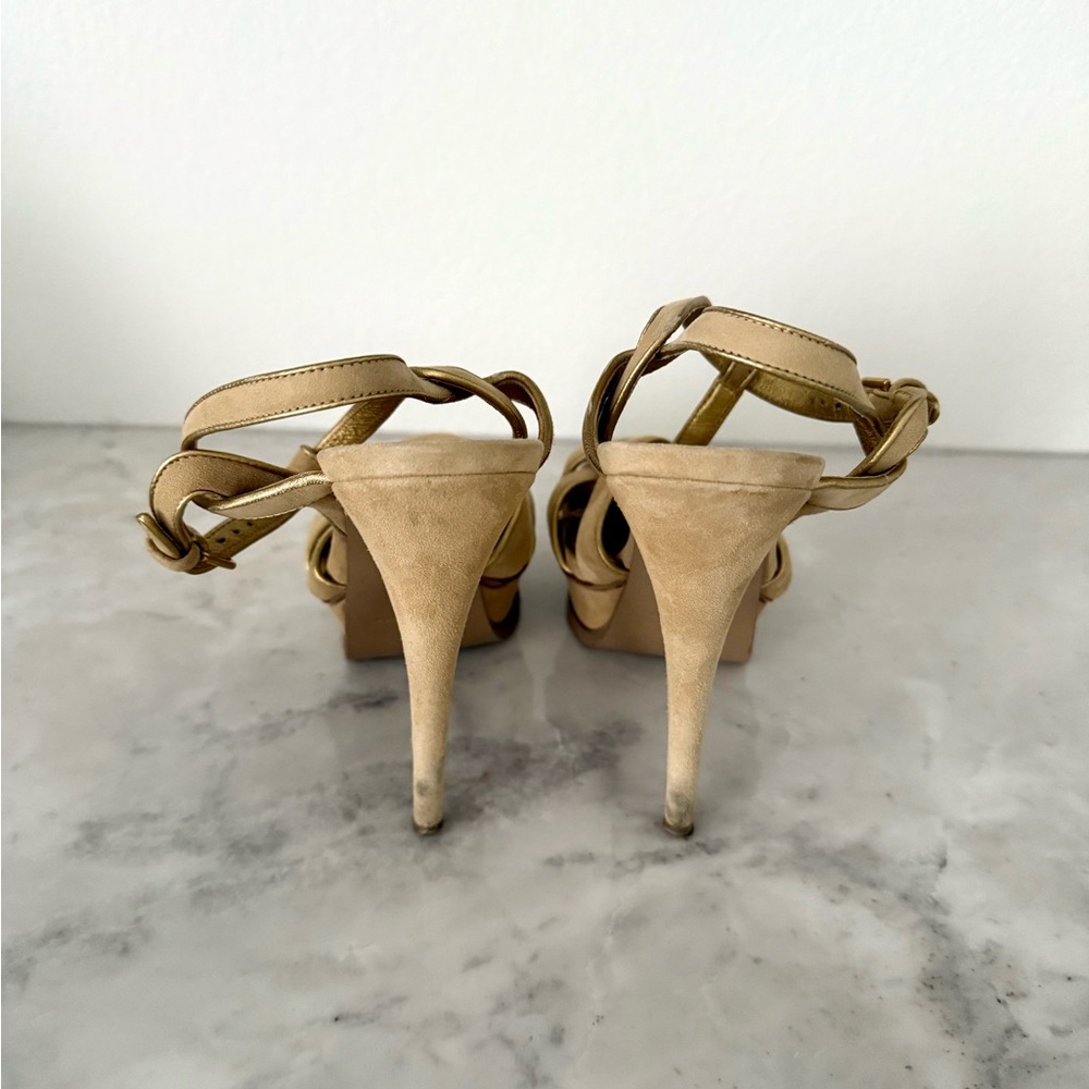 Yves Saint Laurent YSL Tribute Beige Tan Suede Gold Trim Platform Heels 37.5 - Picture 6 of 16